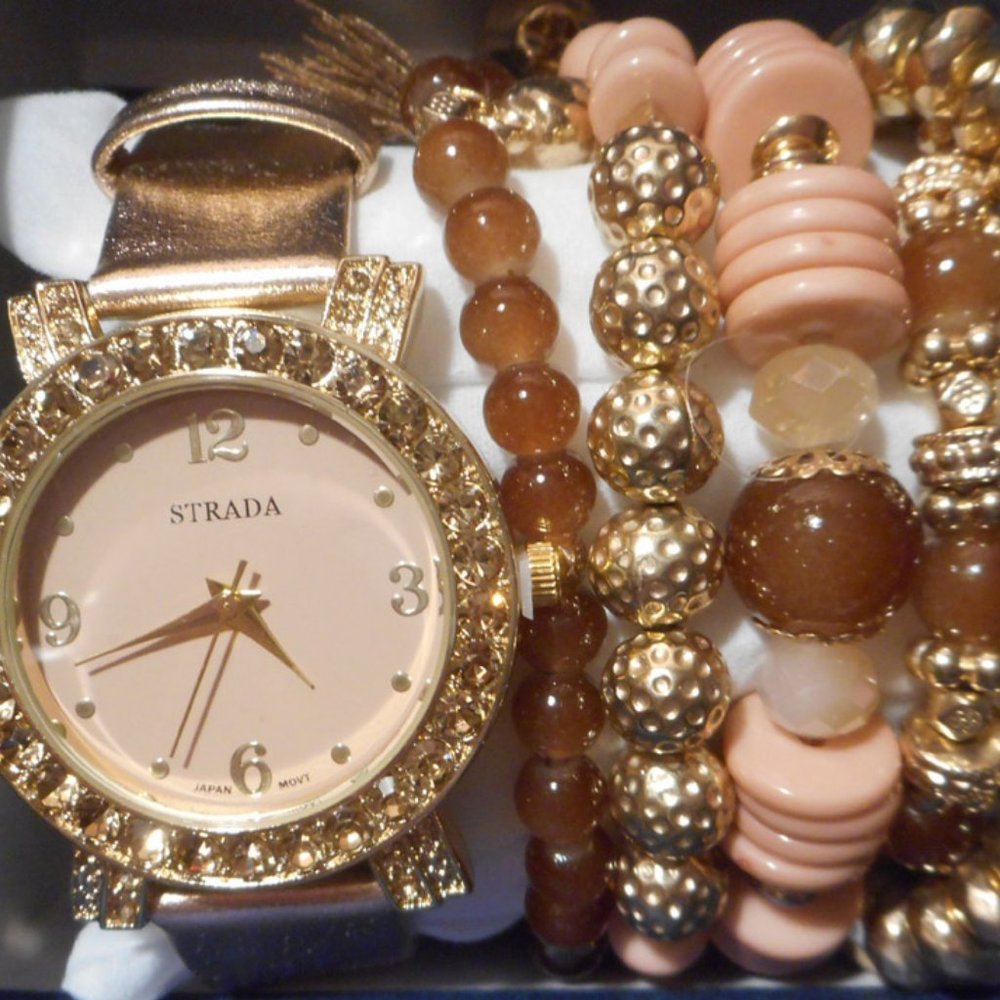 Set of 5 Bracelets w/Gold Band Watch.